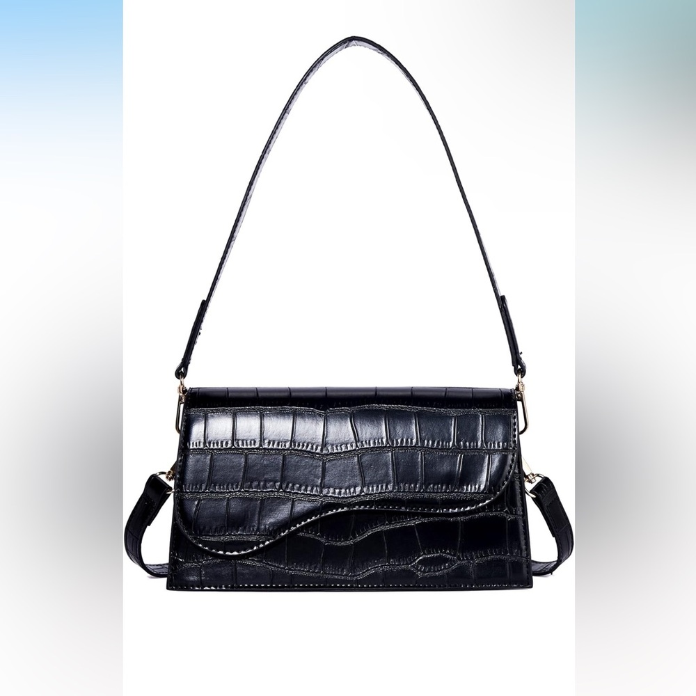 Black Vegan Leather Croc-Embossed Women's Shoulder Bag